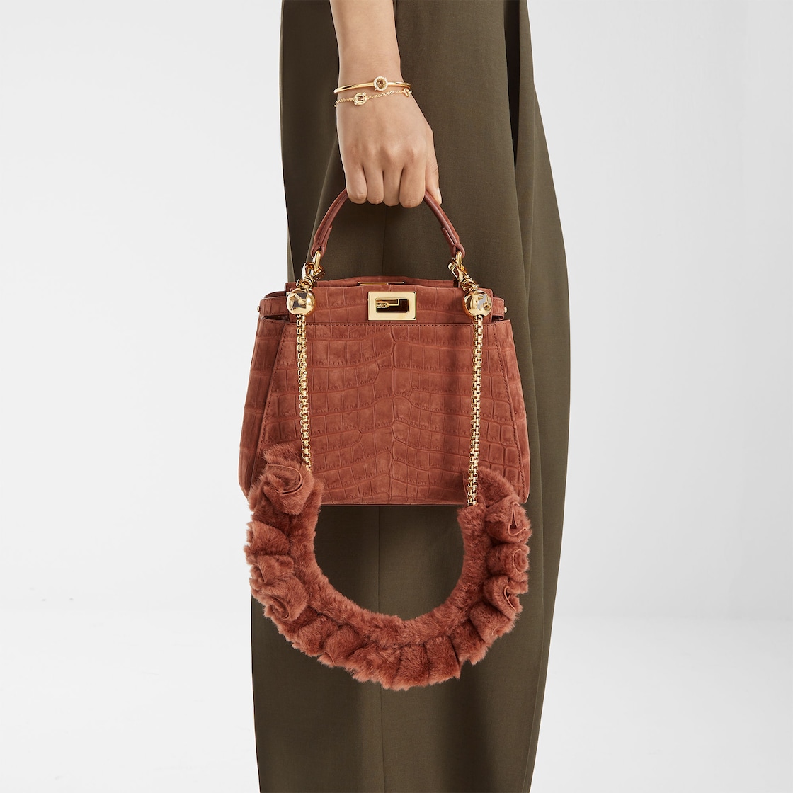FENDI Peekaboo Mini Sienna brown nubuck crocodile leather bag - Image 4